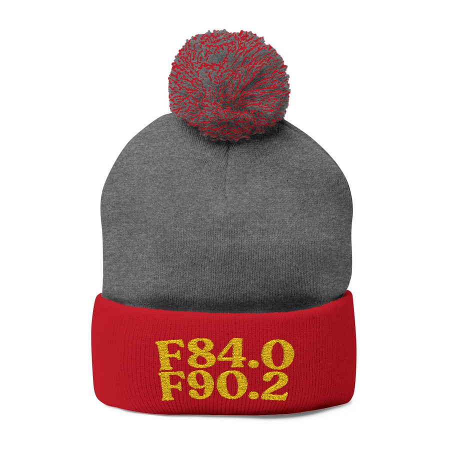 Gold Thread on Grey Red Pom-Pom Beanie