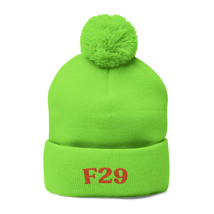 Orange Thread on Neon Green Pom-Pom Beanie