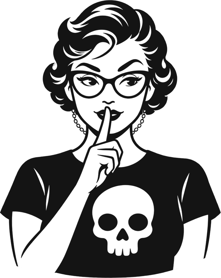 The Shhirts librarian: horn-rimmed glasses, finger to her lips, skull tee